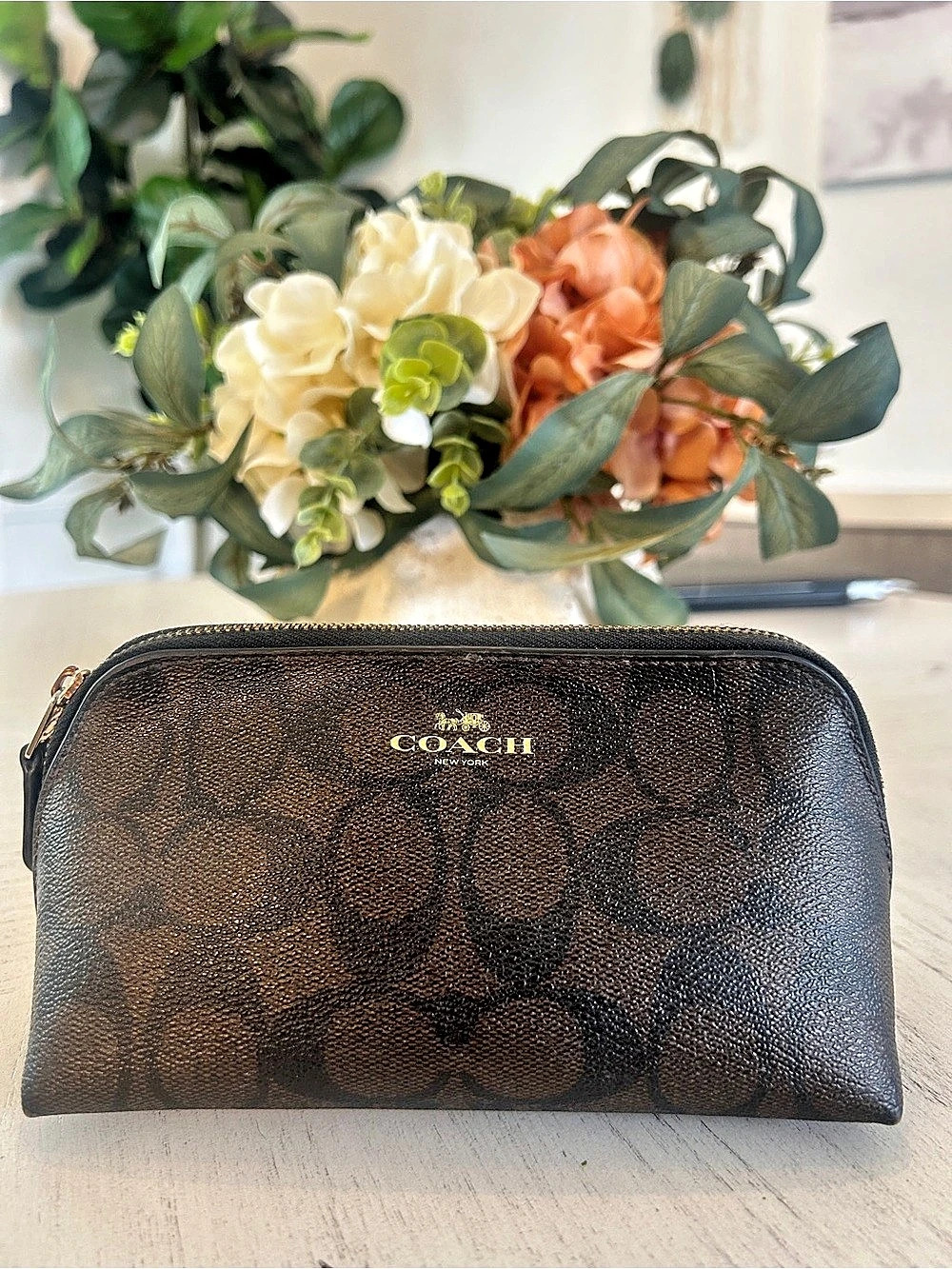 Coach Corner Zip Leather Cosmetic Case in Signature Brown & Black